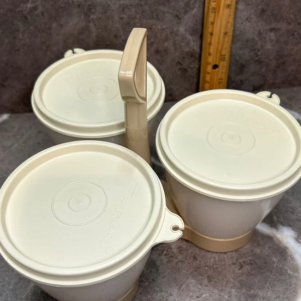 Vintage Tupperware Condiment Caddy 757-4 Almond White 3 Bowls Lids Handle Set